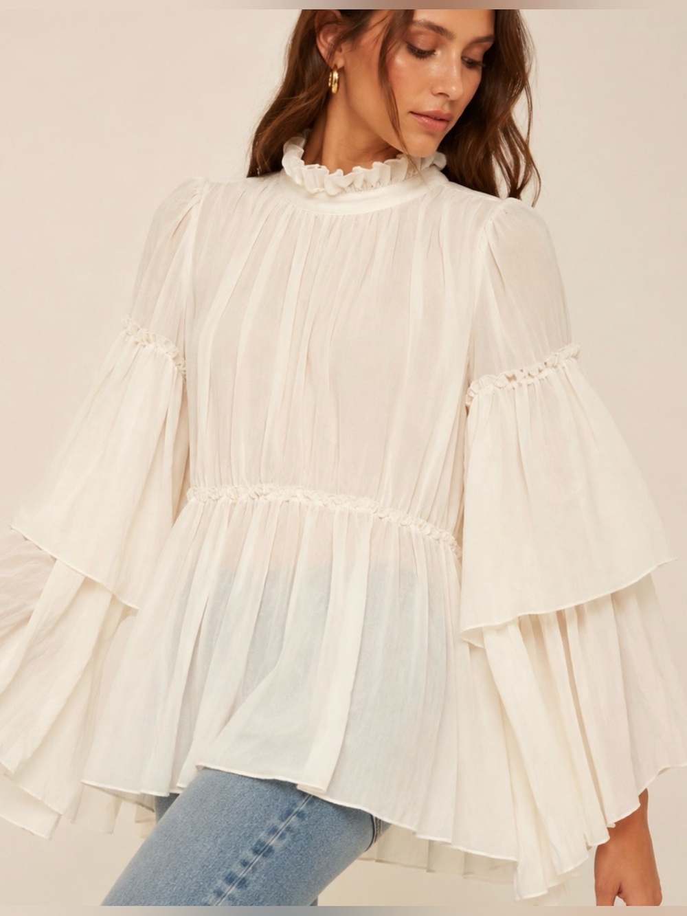 See by Chloé Ruffle High Neck Bell Sleeve Babydoll Blouse Ivory/milk Size 40 - Picture 2 of 12